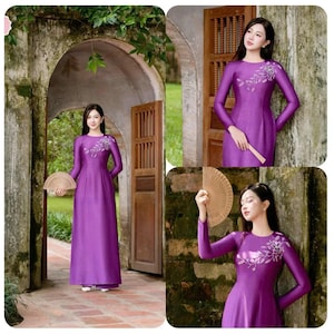 Pre-made Ao Dai Viet Nam, Purple Embellished Silk Ao Dai Dress with Round Neck – Elegant Vietnamese Traditional Outfit for Lunar New Year