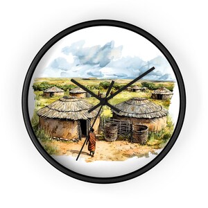 African Village Art Wall Clock, Tribal Home Decor, African Wall Clock, Unique Gift for Art Lovers, Ethnic Wall Clock, Gift for Africans