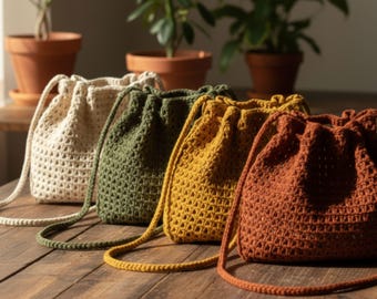 Handmade Crochet Bucket Bag - Drawstring Purse - Knitted Cotton Shoulder Bag
