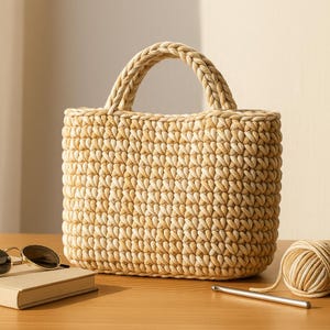 Peut inclure: Un sac fourre-tout beige crocheté à la main, avec une poignée tressée. Le sac est rectangulaire avec un motif de point texturé. Des lunettes de soleil et un petit livre reposent sur une surface en bois à côté du sac. Une pelote de laine et un crochet sont également visibles.