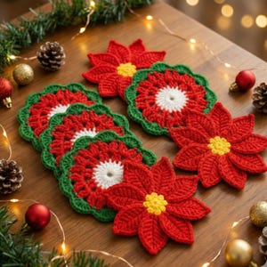 May include: A collection of handmade crochet poinsettia coasters. The coasters feature a red flower design with yellow centers and green scalloped edges. The coasters are arranged on a wooden surface, with Christmas decorations in the background.