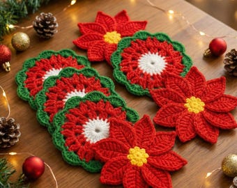 2-in-1 Christmas Coaster Crochet Pattern Bundle – Poinsettia & Holiday Rounds PDF