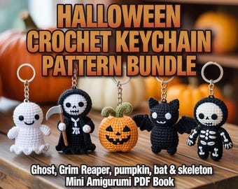Halloween Crochet Keychain Pattern Bundle – Ghost, Grim Reaper, Pumpkin, Bat & Skeleton Mini Amigurumi PDF