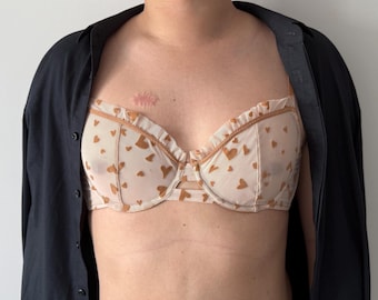 AA cup light brown lace see-through mesh bra for men. Fitted plus size underwear.