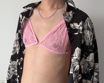 AA cup red knotted lace see through mesh bra for men. Fitted size underwear