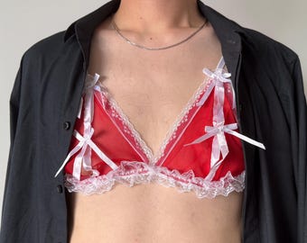AA cup red knotted lace see through mesh bra for men. Fitted size underwear