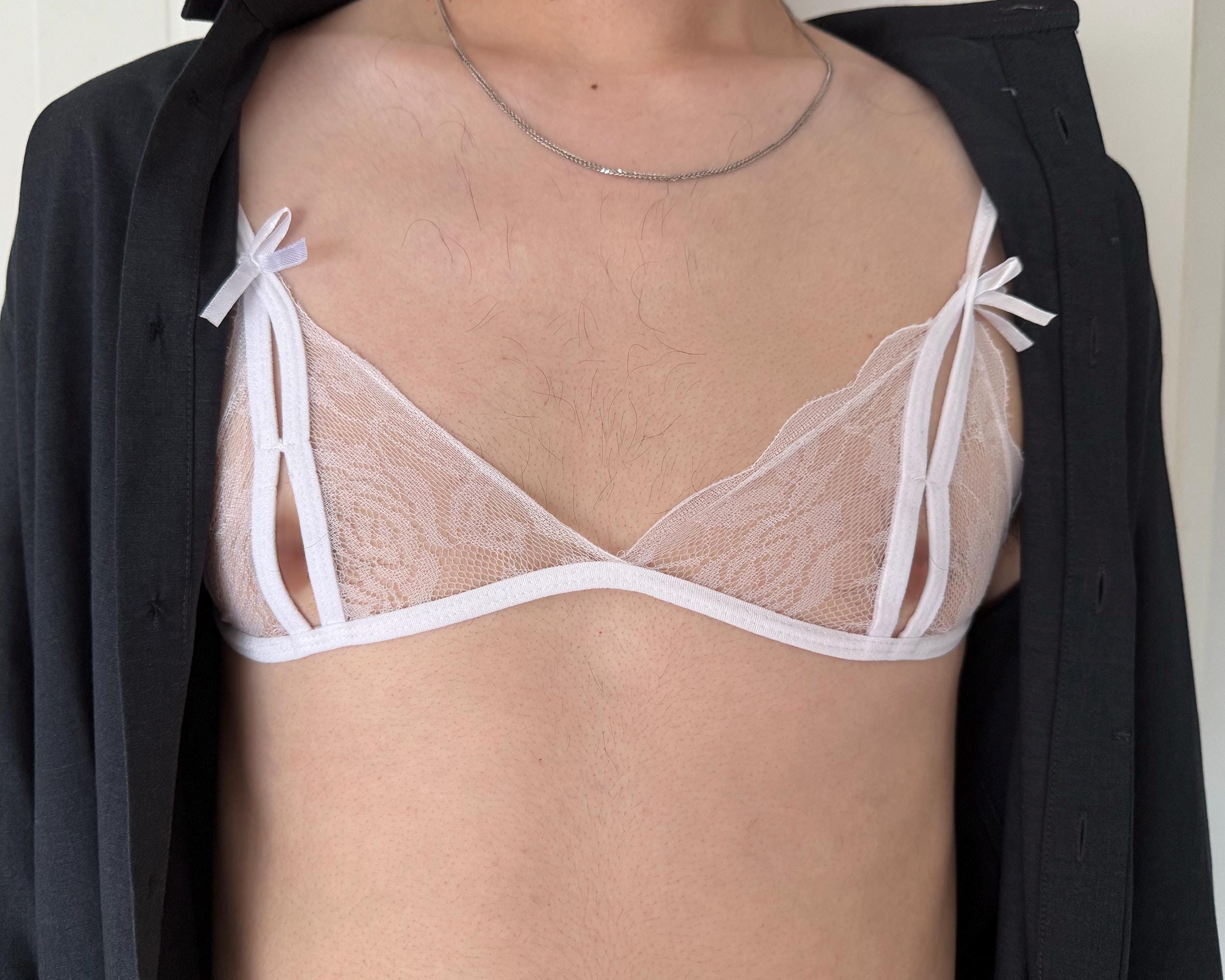 AA cup white lace see-through mesh bra for men. Fitted plus size underwear