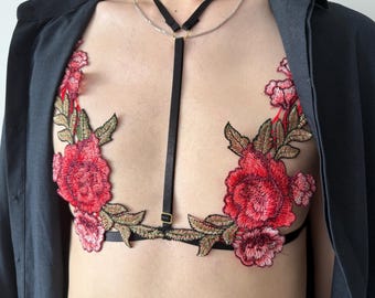 AA cup rose lace see-through mesh bra for men. Fitted plus size underwear
