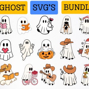 Cute Ghost Halloween svg Bundle, Retro Ghost png, Retro Floral Ghost png, Dog Ghost svg, Ghost Reading svg, Spooky Season, Halloween png