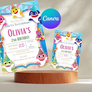 Invito di compleanno modificabile per squalo rosa / Invito per festa per bambine / Modello Canva per download digitale immediato