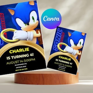 Sonic Geburtstagseinladung, bearbeitbar und druckbar, Super Sonic Party einladen, Premium Einladungen bearbeitbar in Canva, Jungen und Mädchen einladen