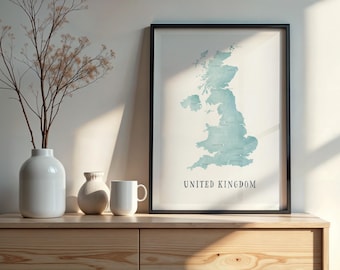 UK kaart aquarel print, kaartkunst, UK kaart poster, UK kaart print, reisposter, aquarel kaart, minimalistische muurkunst, wereldkaartcollectie