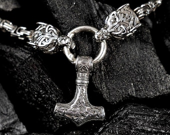 Wolfketting met Thor-hanger, ketting met wolvenkoppen, Thors hamerketting, fenrir-amulet, Noorse mythologie, Vikingaccessoires