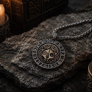 May include: A circular silver-toned metal pendant featuring a central stylized skull design surrounded by a border of engraved runic characters. The pendant is attached to a silver-toned metal chain link necklace with a textured, weathered finish.