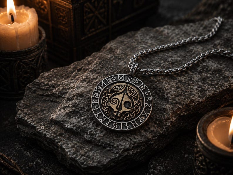 May include: A circular silver-toned metal pendant featuring a central stylized skull design surrounded by a border of engraved runic characters. The pendant is attached to a silver-toned metal chain link necklace with a textured, weathered finish.