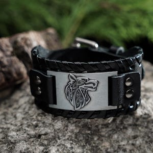Fenrir Leather Bracelet, Nordic Leather Cuff, Runic Bangle, Celtic Mens Bracelet, Norse Mythology, Viking  Accessories, Bonus Dad Gift