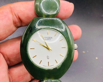 Handmade Nephrite Jade Watch: Unique Green Gemstone Wristwatch