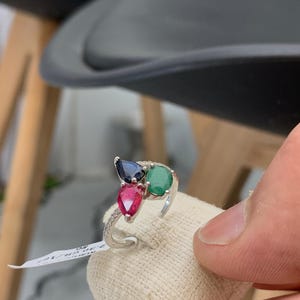 Natural Emerald Sapphire Ruby Ring 925 Sterling Silver Rhodium Plated Multi Gemstone Ring Handmade Jewelry