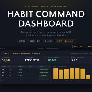 Puede incluir: Un panel de control digital de seguimiento de hábitos titulado Habit Command Dashboard 2026 Edition. La interfaz presenta un tema oscuro con texto en dorado y blanco, mostrando el progreso anual, totales de XP, rango y gráficos de barras.