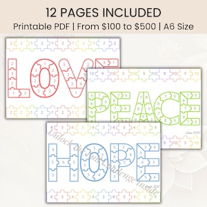 May include: A set of printable PDF puzzles in A6 size, featuring the words "LOVE", "PEACE", and "HOPE" constructed from jigsaw puzzle pieces. Each puzzle is color-coded with numbers. The text "12 PAGES INCLUDED" is at the top.