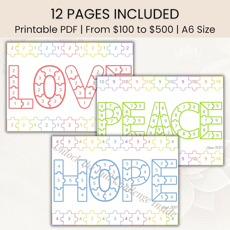 May include: A set of printable PDF puzzles in A6 size, featuring the words "LOVE", "PEACE", and "HOPE" constructed from jigsaw puzzle pieces. Each puzzle is color-coded with numbers. The text "12 PAGES INCLUDED" is at the top.