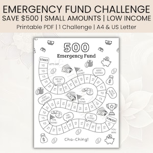 May include: Black and white printable emergency fund challenge with the text "EMERGENCY FUND CHALLENGE" and "SAVE $500". The game board includes spaces for saving small amounts, with phrases like "GO GO GO!" and "Cha-Ching!"