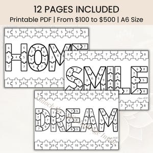 May include: Three printable PDF puzzles spelling "HOME", "SMILE", and "DREAM" in a jigsaw puzzle design. Each puzzle piece is numbered. The text "12 PAGES INCLUDED" is at the top.