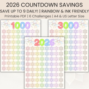 Puede incluir: Un PDF imprimible para desafíos de ahorro, con tres hojas que muestran los números 1000, 3000 y 2026 en colores arcoíris. El texto en la parte superior dice "2026 Countdown Savings" y "Save up to 9 daily!".