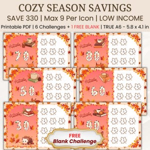 Könnte beinhalten: Ein Set aus sechs druckbaren PDF-Spar-Challenge-Blättern mit Herbstmotiven, die Blätter, Bücher, Tassen und Waldtiere zeigen. Jedes Blatt enthält eine große Zahl und kleine nummerierte Blattsymbole und misst 14,7 mal 10,4 cm.