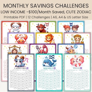 Zodiac Money Challenge | Printable Budget Tracker | Low Income | US Letter, A4 & A6 | A6 Mini Savings | Save 100 Monthly | Budget Planner