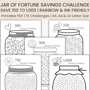 May include: Black and white printable PDF with savings challenges. The design includes jars for saving £100, £250, £500, £750, and £1,000. Each jar has a unique design with numbers to track savings progress.