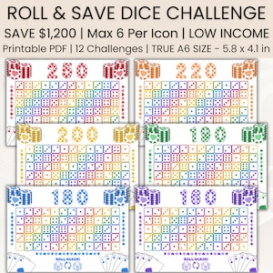 May include: A set of Roll & Save Dice Challenge printable PDF sheets in A6 size, 5.8 by 4.1 inches. Each sheet features colorful dice grids, poker chip icons, and playing card motifs with numerical goals ranging from 160 to 250 for savings.
