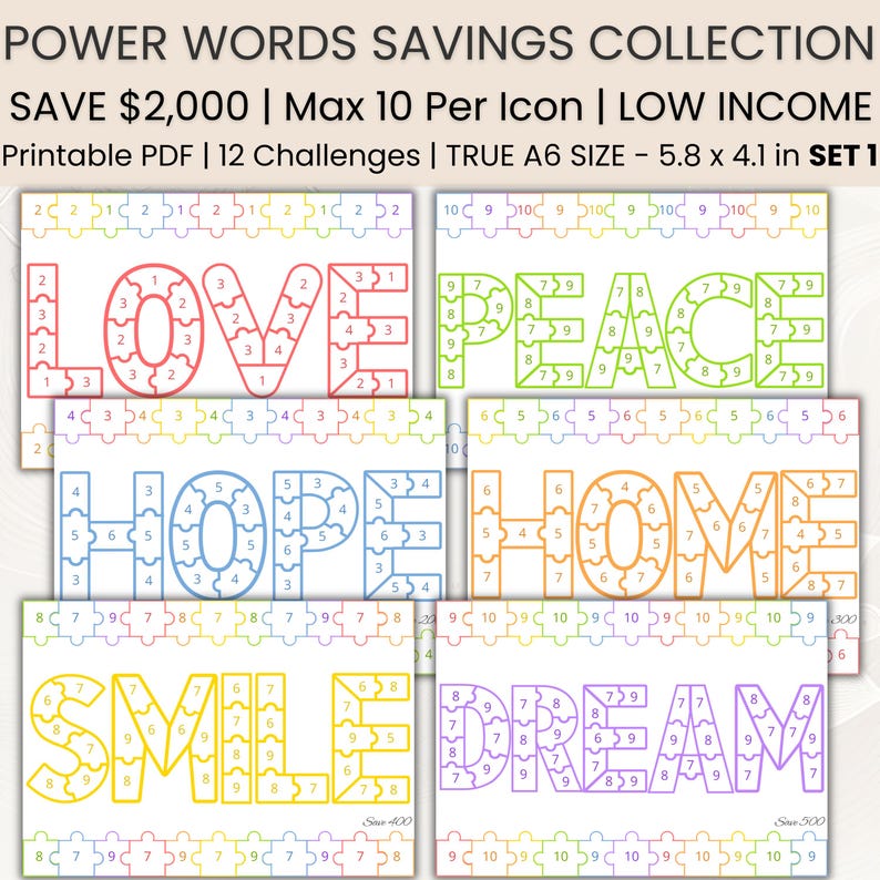Words Savings Challenge Bundle | Money Tracker | Puzzle | Printable A6 Savings | Cash Binder | A6 Mini Savings | Low Income | PDF image 1