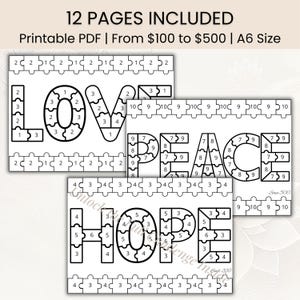 May include: Black and white printable PDF puzzle pages with the words "LOVE", "PEACE", and "HOPE" in a jigsaw puzzle design. The text "12 PAGES INCLUDED" is at the top.