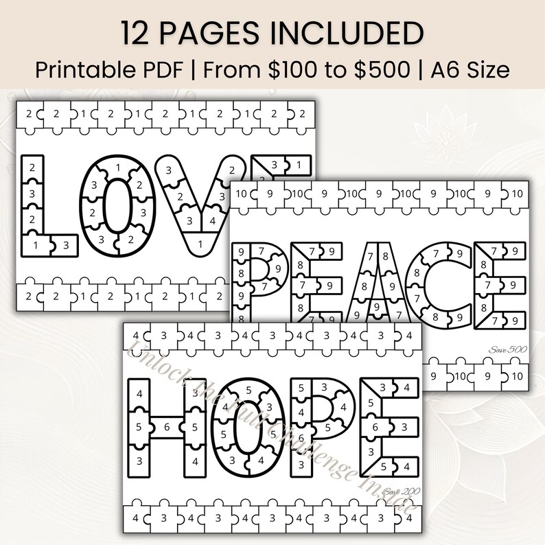 May include: Black and white printable PDF puzzle pages with the words "LOVE", "PEACE", and "HOPE" in a jigsaw puzzle design. The text "12 PAGES INCLUDED" is at the top.