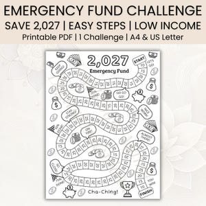 Pode incluir: Uma folha de rastreamento de poupança imprimível em preto e branco intitulada Emergency Fund Challenge 2,027. A página apresenta um caminho sinuoso de círculos numerados, ilustrações de moedas, sacos de dinheiro, porquinhos e balões.
