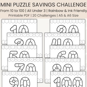 May include: Printable PDF mini puzzle savings challenge from 10 to 100. The puzzles are in the shape of numbers, with each puzzle piece numbered. The text on the image says "Rainbow & Ink Friendly" and "20 Challenges".