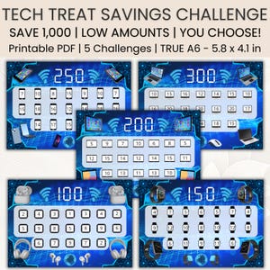 Tech Treat Savings Challenge | Money Tracker |  A6 Digital Budget Tracker | Printable Challenge | Cash Binder | Low Income | PDF