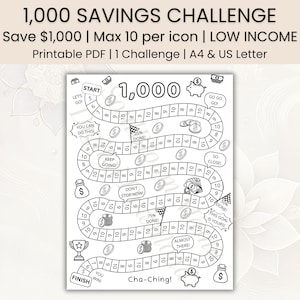 Puede incluir: Una hoja de desafío de ahorro imprimible en blanco y negro con un camino sinuoso con espacios numerados del 5 al 10. La página incluye ilustraciones de monedas, alcancías, bolsas de dinero y trofeos, con texto como 1,000, START, FINISH y Cha-Ching!