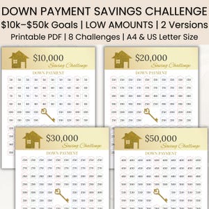 Może przedstawiać: Wydrukowane wykresy wyzwań oszczędnościowych w formacie PDF z celami 10 000 zł, 20 000 zł, 30 000 zł i 50 000 zł. Każdy wykres zawiera grafikę domu i kwoty do zaoszczędzenia. Zawiera formaty A4 i US Letter.