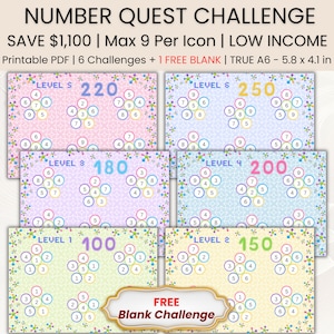 May include: A printable PDF with six number quest challenges and one free blank challenge. Each challenge card features colorful circles with numbers and the text "LEVEL" and a number. The text "NUMBER QUEST CHALLENGE" is at the top.