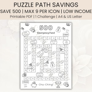 May include: A black and white printable savings challenge sheet titled 500 Emergency Fund. The design features a winding puzzle piece path with numbers, motivational speech bubbles, money icons, and a finish line with a piggy bank and trophy.