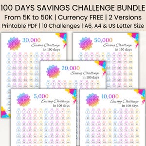 May include: Bundle of printable savings challenges in PDF format. Includes 5K, 10K, 20K, 30K, and 50K challenges, each with a colorful mandala design and spaces to track savings over 100 days. A6, A4, and US Letter sizes.