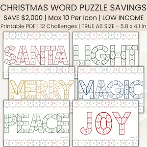 Paquete de retos de ahorro con rompecabezas navideños / Rastreador de dinero / Retos imprimibles / Palabras / Carpeta de ahorro / Mini ahorros A6 / Bajos ingresos / PDF