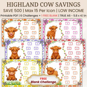 Puede incluir: Un conjunto de seis tarjetas de desafío de ahorro A6 que miden 5,8 por 4,1 pulgadas, con ilustraciones de vacas Highland, enredaderas florales y cajas numeradas para rastrear dinero. El texto dice HIGHLAND COW SAVINGS y FREE Blank Challenge.
