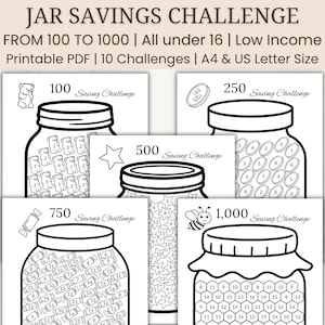 Pode incluir: Um conjunto de cinco folhas de desafio de poupança imprimíveis em preto e branco com ilustrações de frascos e ícones como ursinhos de goma, moedas, estrelas, doces e hexágonos. Texto: JAR SAVINGS CHALLENGE, FROM 100 TO 1000, A4 & US Letter Size.