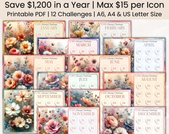 May include: Printable PDF savings challenges with floral designs. The set includes 12 challenges, each representing a month, with a maximum savings of $15 per icon. The text reads "12 Floral Savings Challenges" and "Save $1,200 in a Year".