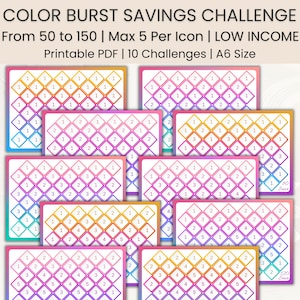Könnte beinhalten: Eine Sammlung druckbarer PDF-Spar-Challenges in verschiedenen Farbschemata. Jede Challenge-Karte hat ein Raster mit Zahlen von 1 bis 5. Der Text "COLOR BURST SAVINGS CHALLENGE" steht oben.