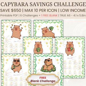 Puede incluir: Un conjunto de seis hojas PDF imprimibles Capybara Savings Challenge que miden 10,4 por 14,7 cm. Cada hoja presenta un capibara de dibujos animados, iconos de dinero y el texto CAPYBARA SAVINGS CHALLENGE, SAVE $650, MAX 10 PER ICON.