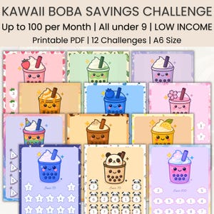 May include: A collection of printable Kawaii Boba Savings Challenge cards. Each card features a different cartoon boba tea design with various flavors and toppings. The cards are designed for low-income individuals and are A6 size.
